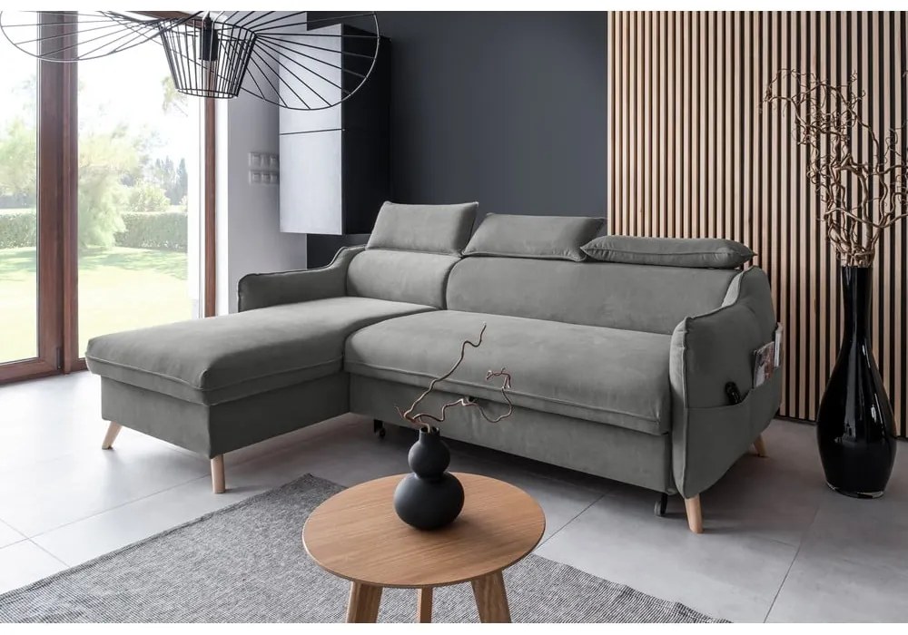 Colțar gri deschis extensibil cu tapițerie din catifea (cu colț pe partea stângă ) Sweet Harmony – Miuform