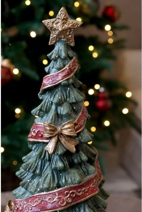 Decorațiune brad de Crăciun, verde, din acril, pictată manual, cu panglici și fundițe, 15x40 cm, „Noël"