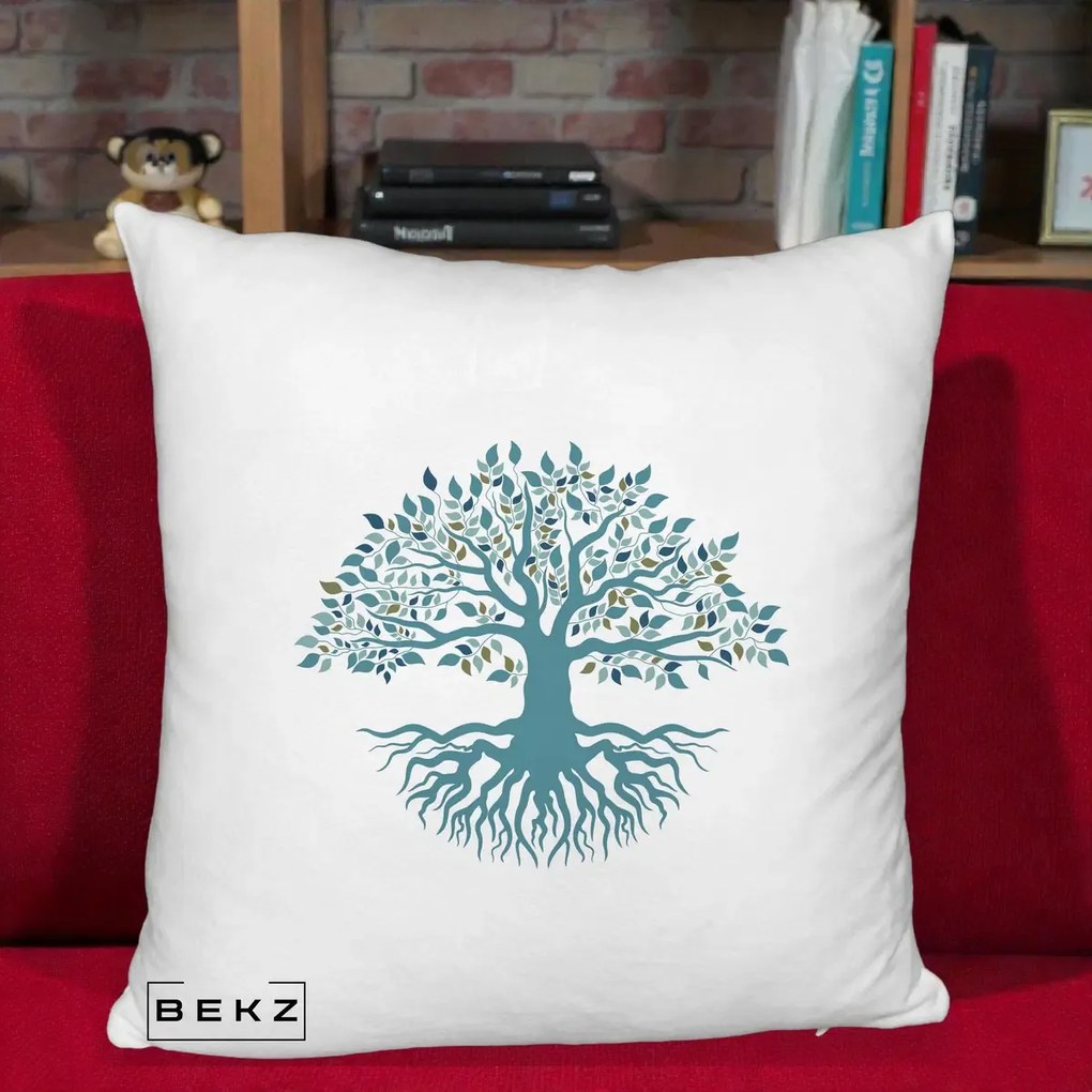 Perna Decorativa Copacul Vietii Teal cu Radacini, 40x40 cm, Alb Pufos, Husa Detasabila, Perna Inclusa, BEKZ®