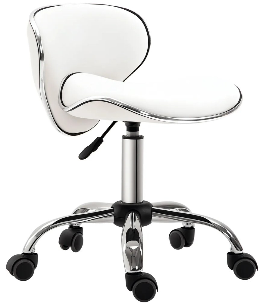 HOMCOM Taburet cu roți, taburet de lucru cu înălțime reglabilă 44-56 cm și spătar, pivotant 360°, alb | Aosom Romania