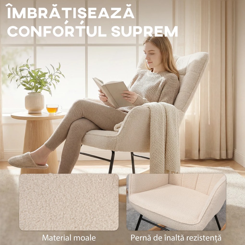 HOMCOM Balansoar Tapițat cu Cotiere, Fotoliu din Lemn și Oțel pentru Living și Dormitor, 71x92x101 cm, Bej