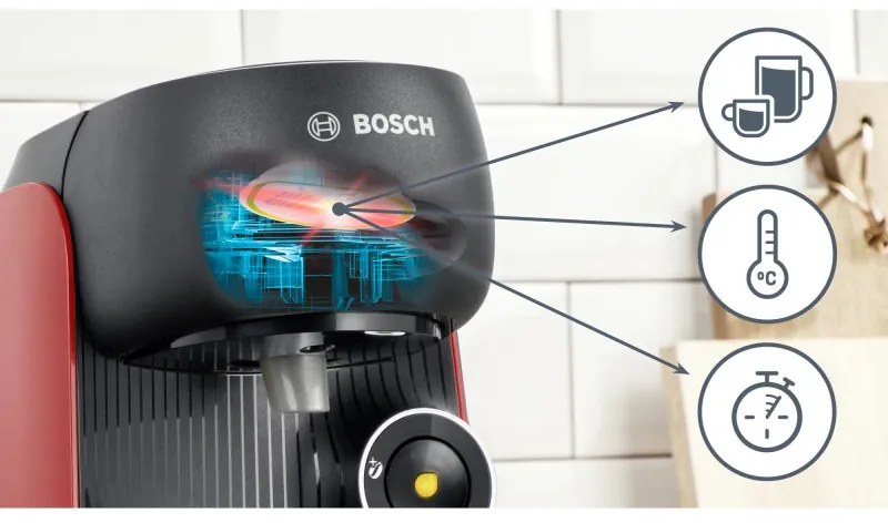 Espressor cu capsule Bosch Tassimo Finesse TAS16B3, 1400W, 3.3 bar, 0.7 litri, Autocuratare, T-Discs, Intellibrew, 70 bauturi, Rosu