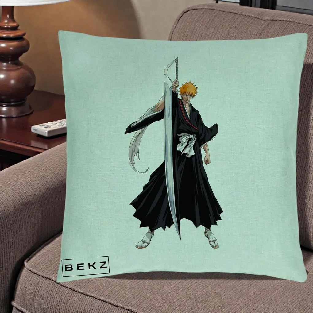 Perna Personalizata Bleach Ichigo Kurosaki Zangetsu, 40x40 cm, Verde Menta, Husa Detasabila, Perna Inclusa, BEKZ®