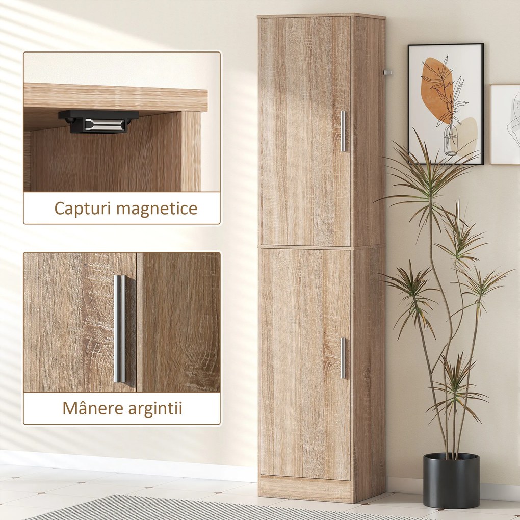 HOMCOM Dulap coloană pentru baie cu 2 compartimente și 6 rafturi reglabile, aspect lemn, 40x35x180 cm, culoare lemn | Aosom Romania
