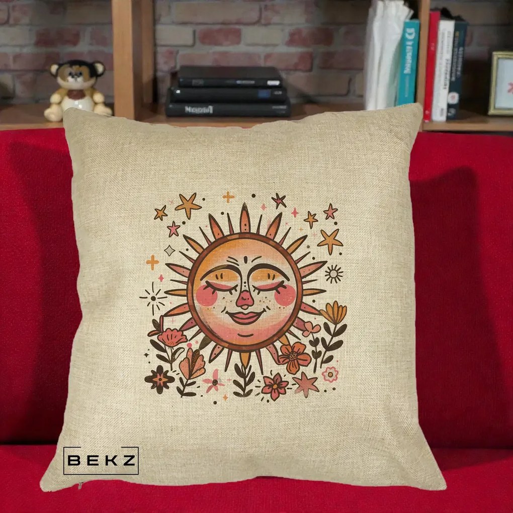 Perna Decorativa Soare Retro Boho Floral, 40x40 cm, Crem, Husa Detasabila, Perna Inclusa, BEKZ®