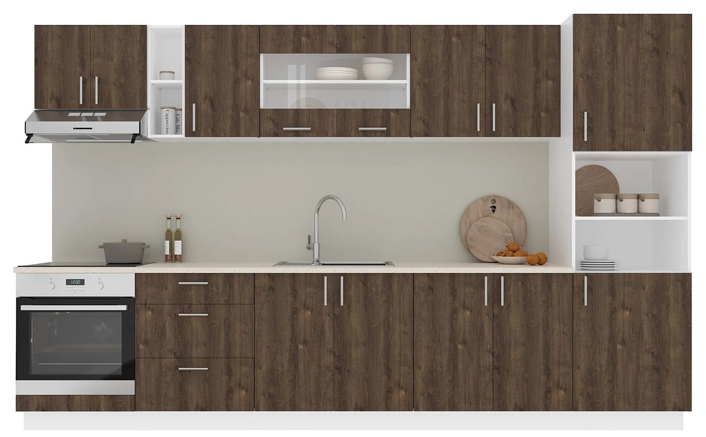 Set Bucatarie Karo V31, Stejar Bronz/Alb, Blat Thermo 28 mm, L 340 cm