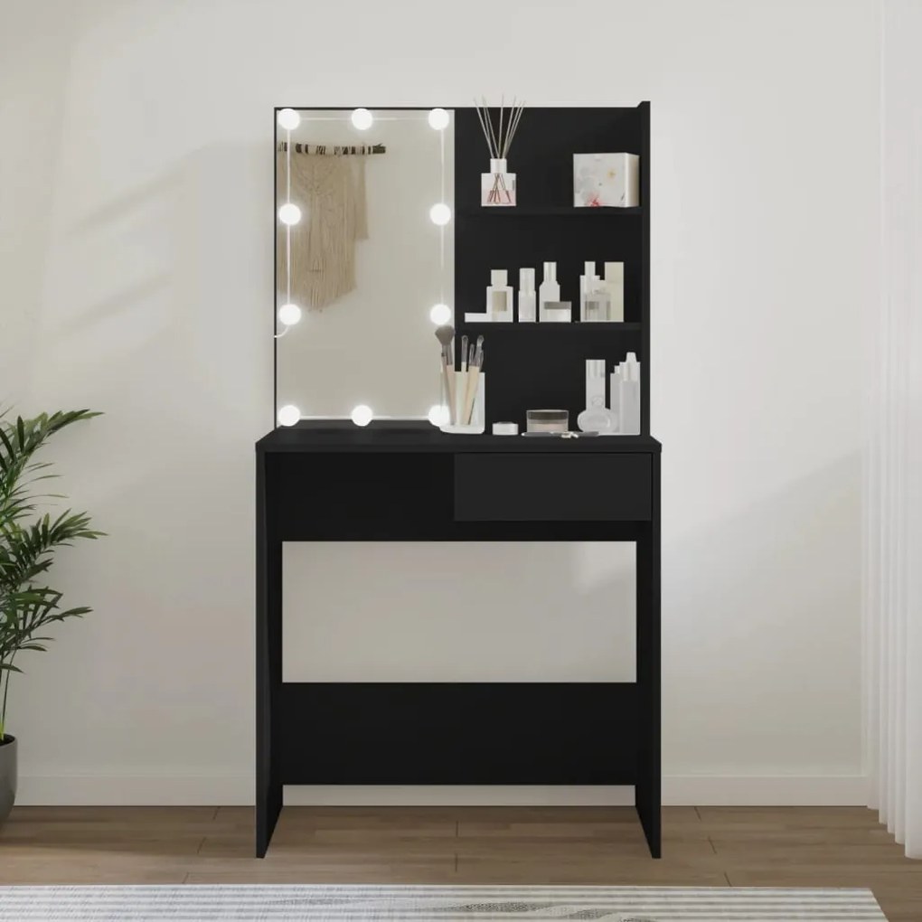 833288 vidaXL Masă de toaletă cu LED, negru, 74,5x40x141 cm