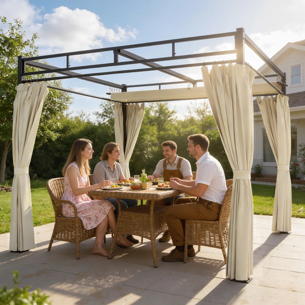 Outsunny Pergolă de Grădină 3x3 m cu Acoperiș Retractabil și Perdele Protecție UV30+ Structură Metalică pentru Patio Terasă Bej | Aosom Romania