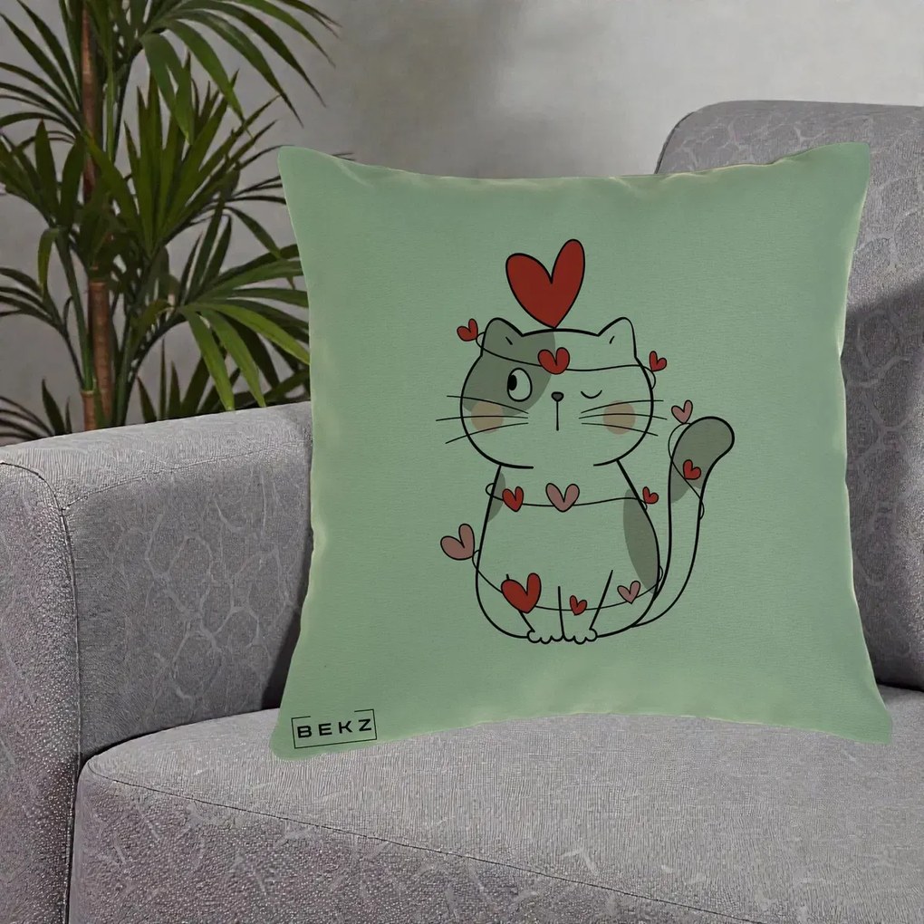 Perna Decorativa Pisica Kawaii cu Inimi, 40x40 cm, Verde, Husa Detasabila, Perna Inclusa, BEKZ®