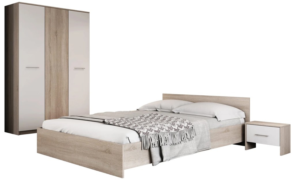 Dormitor Luiza 3U4P, culoare sonoma / alb, cu pat standard 140 x 200 cm, dulap cu 3 usi si 2 noptiere