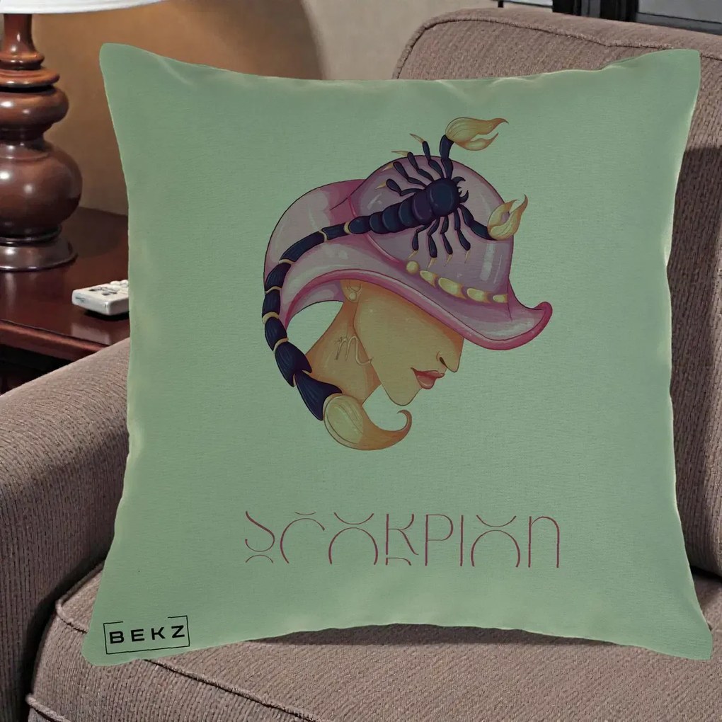 Perna Personalizata Zodiac Scorpion Cowgirl, 40x40 cm, Verde, Husa Detasabila, Perna Inclusa, BEKZ®