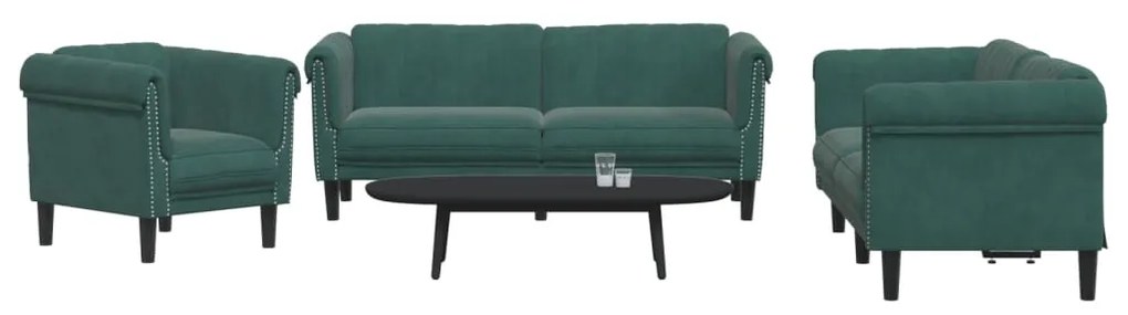 vidaXL Set de canapele, 3 piese, verde închis, catifea