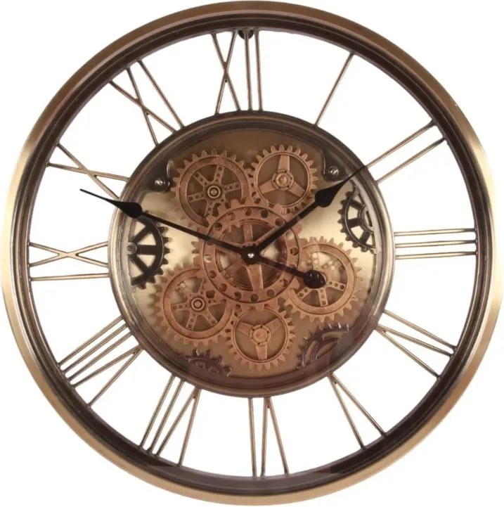 Ceas de perete din metal și sticlă, auriu, rotund, cu cifre romane din bare de metal și roți dințate mobile la vedere, 8 x 62 cm, „Bayonne”