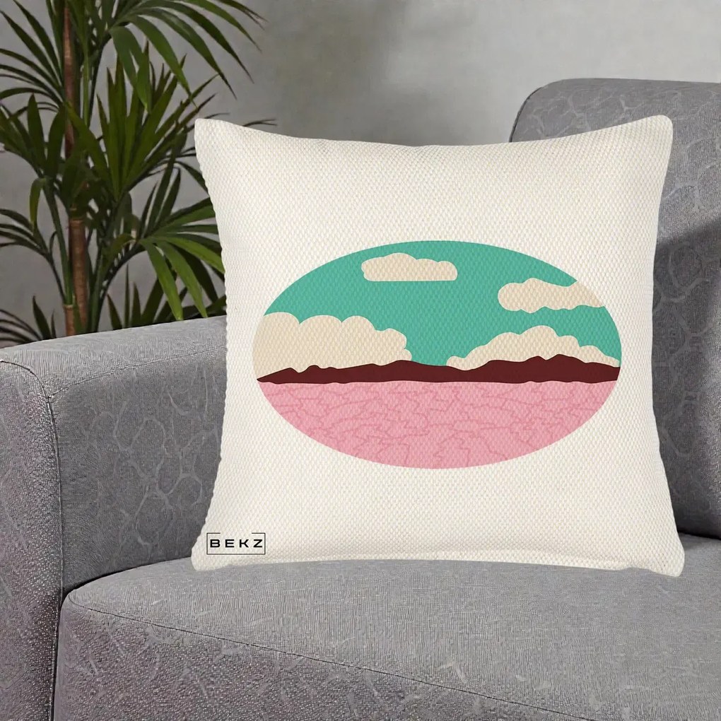 Perna Decorativa Peisaj Desert Oval Pastel, 40x40 cm, Crem Reliefat, Husa Detasabila, Perna Inclusa, BEKZ®