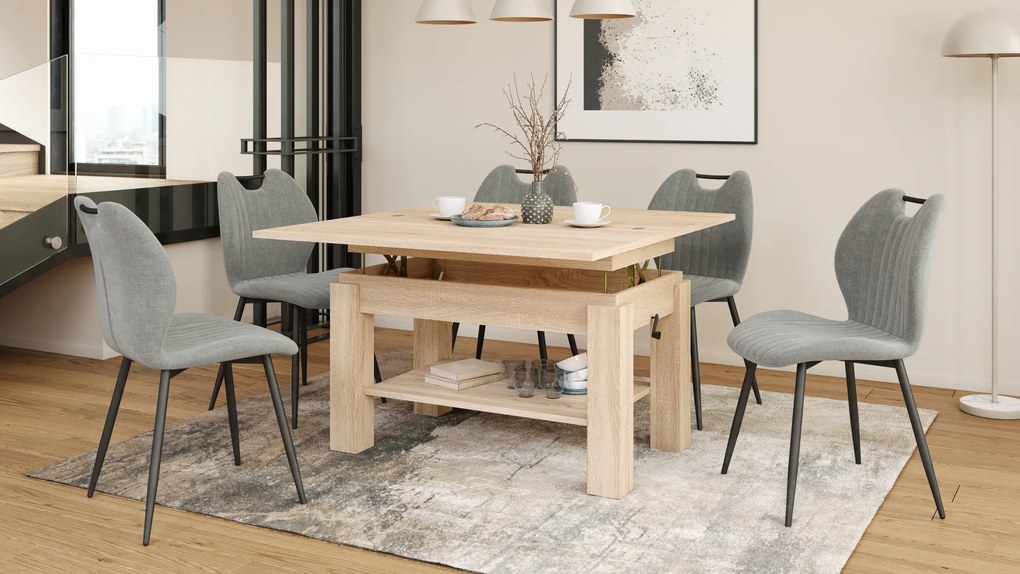 Mazzoni BRAWO Stejar Sonoma - MĂSUȚĂ DE CAFEA CU BLAT EXTENSIBIL ȘI RIDICABIL MASĂ CU RAFT