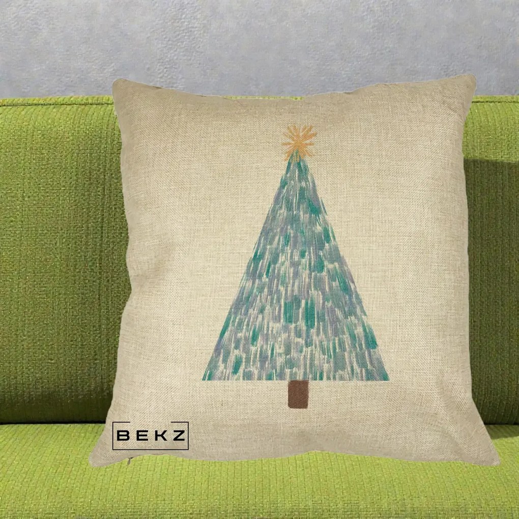 Perna Decorativa Brad de Craciun Acrilic Albastru, 40x40 cm, Crem, Husa Detasabila, Perna Inclusa, BEKZ®