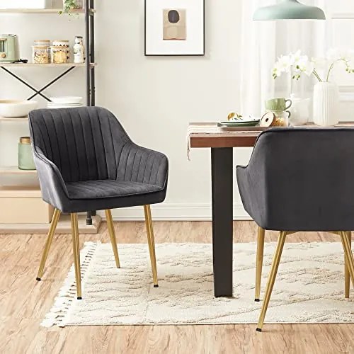 Set 4 scaune dining cu brate, catifea / metal, auriu / antracit, Songmics
