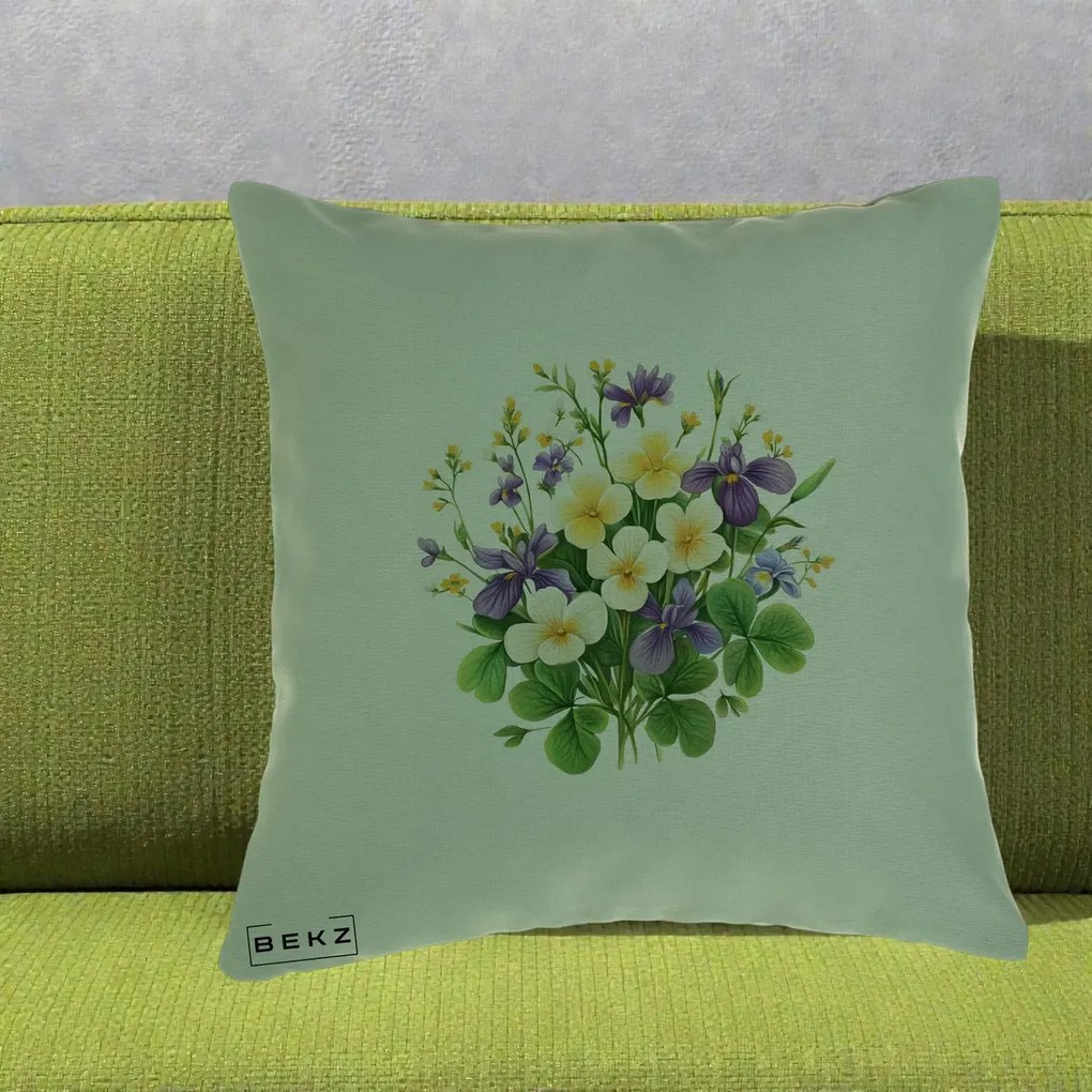 Perna Decorativa Viorele Iris Violet si Trifoi, 40x40 cm, Verde, Husa Detasabila, Perna Inclusa, BEKZ®