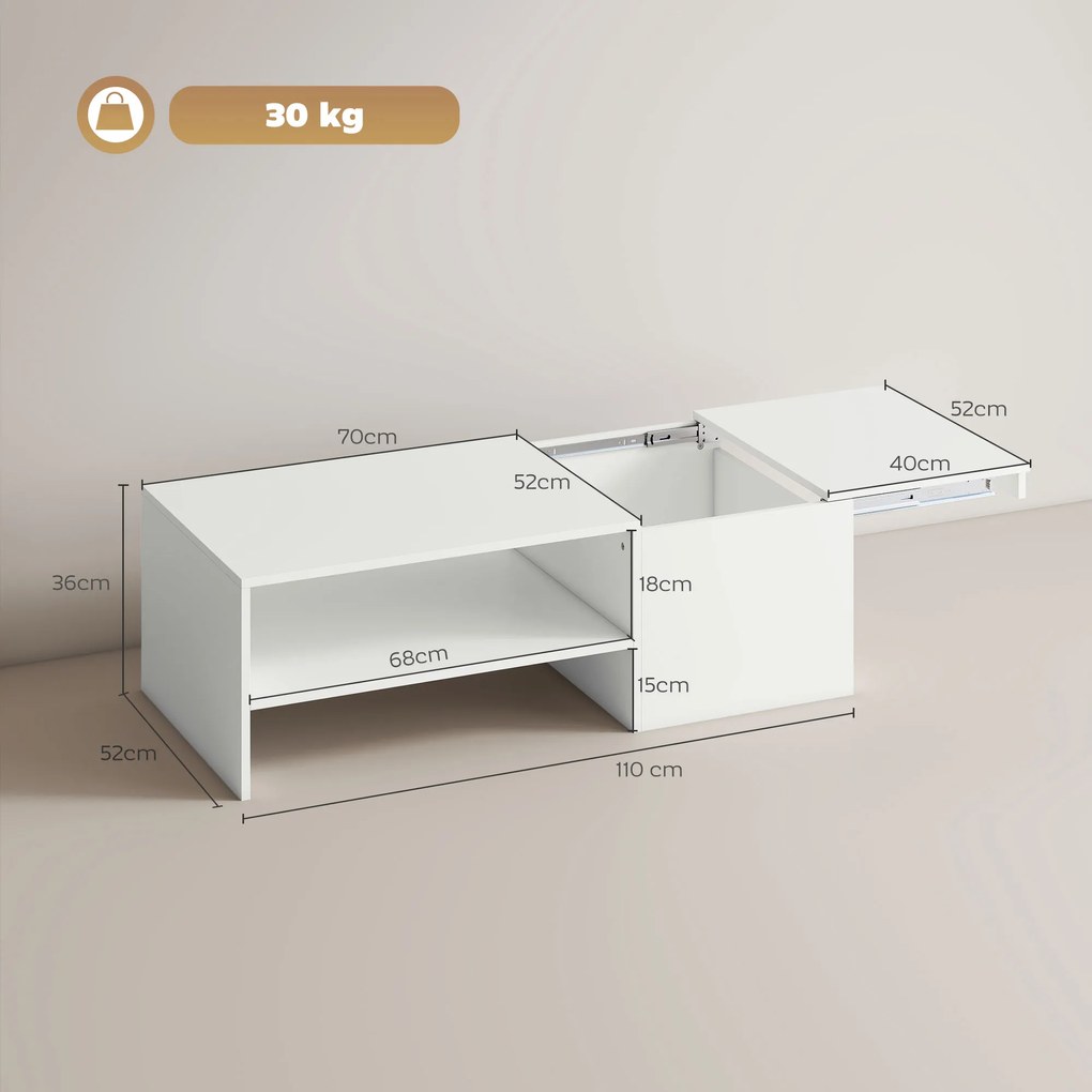 HOMCOM Măsuță de Cafea din Lemn cu Blat Glisant și Raft Deschis și Ascuns, 110x52x36 cm, Alb | Aosom Romania