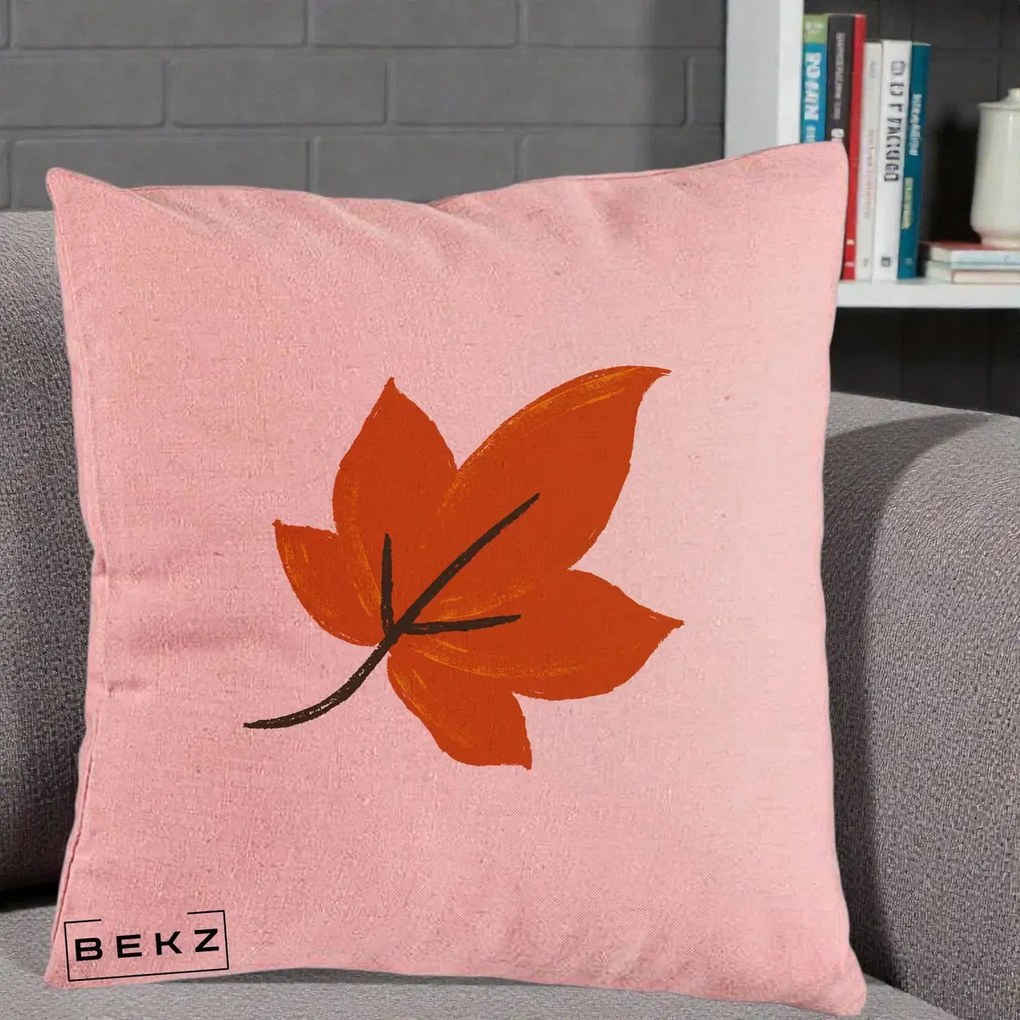 Perna Decorativa Frunza de Toamna Portocalie, 40x40 cm, Roz, Husa Detasabila, Perna Inclusa, BEKZ®