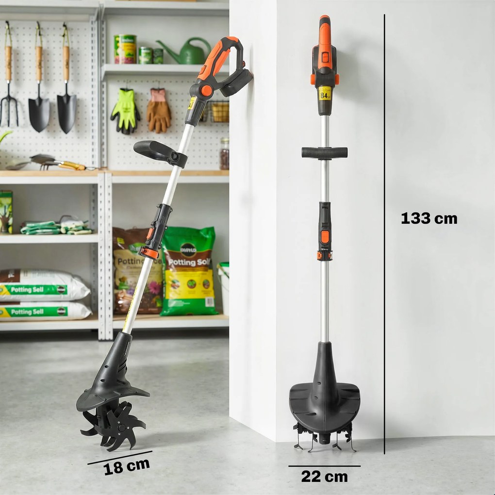 Outsunny Motosapă Fără Fir 18V, Lățime de Lucru 20cm, Adâncime 18cm, 4 Lame, Mâner Reglabil, pentru Grădină și Terenuri, Bateria și Încărcătorul Nu Sunt Incluse | Aosom Romania