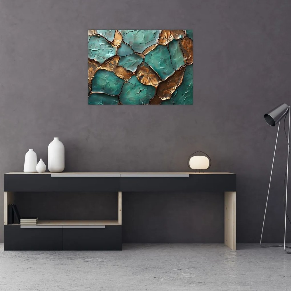 Tablou pe sticlă - Pictură verde-auriu (70x50 cm)