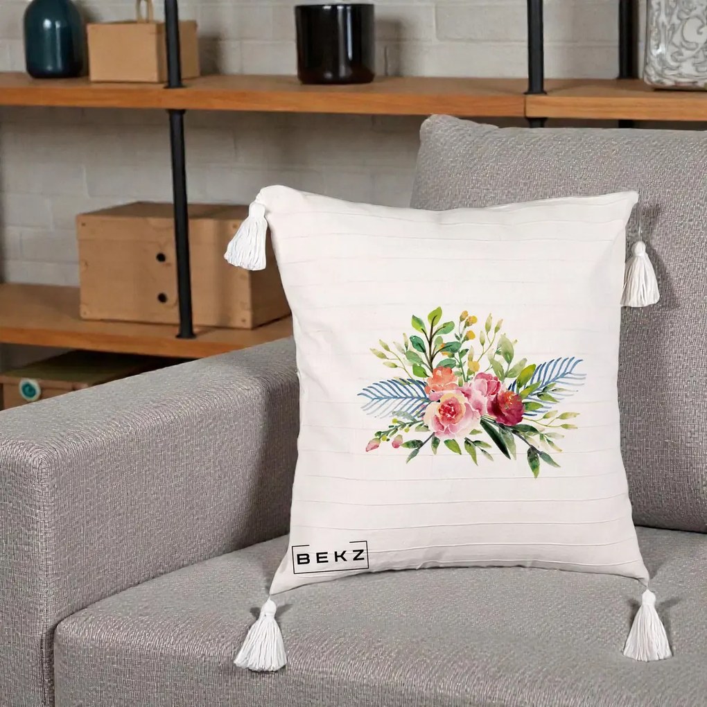 Perna Decorativa Buchet Flori Acuarela Roz-Verde, 40x40 cm, Bej cu Franjuri, Husa Detasabila, Perna Inclusa, BEKZ®