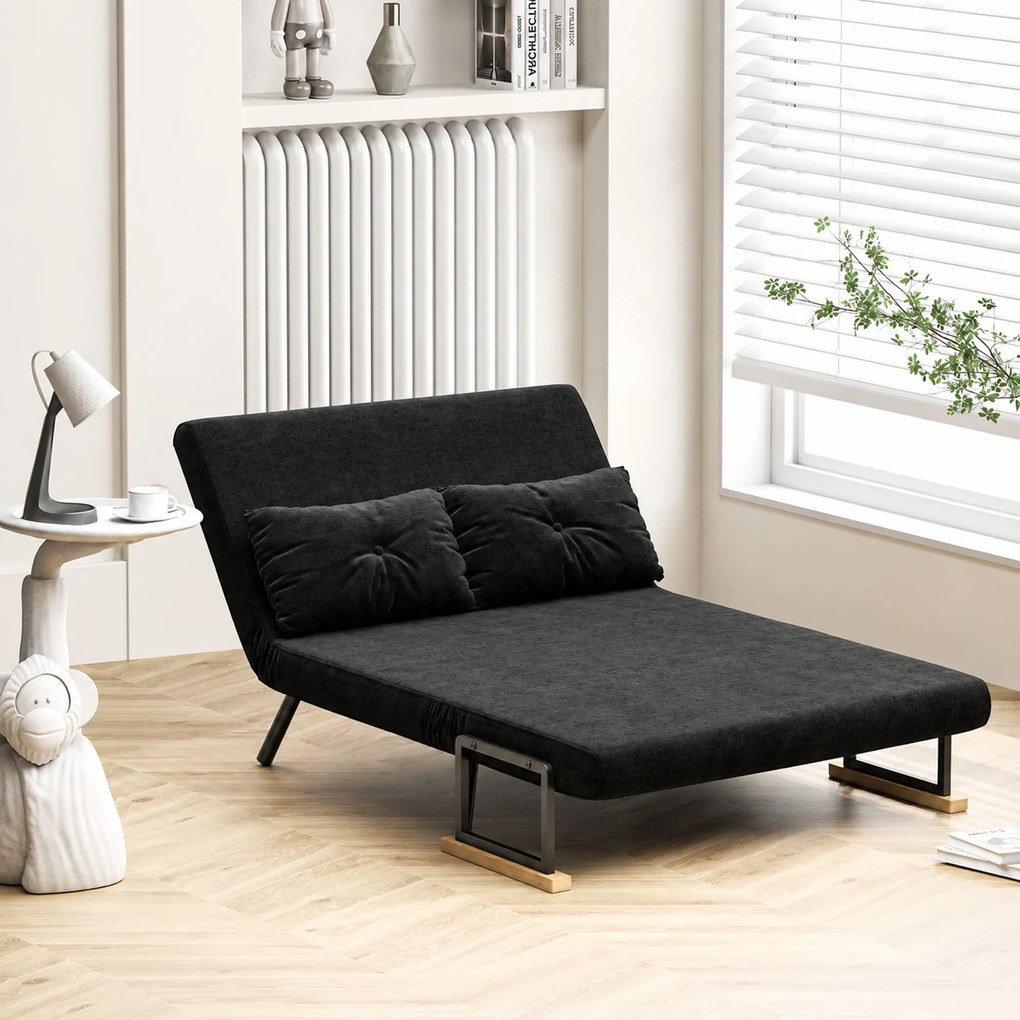 HOMCOM Canapea Pat de 2 Locuri cu Spătar Reglabil pe 5 Nivele și 2 Perne din Material Capitonat, 102x73x81 cm, Negru | Aosom Romania