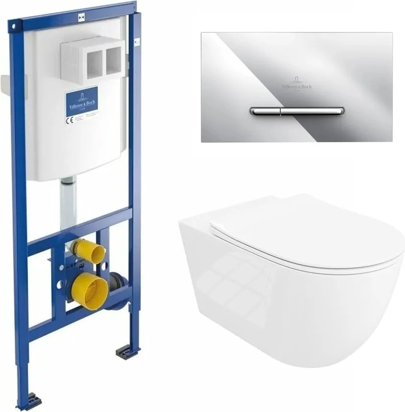 Rezervor WC cu cadru incastrat Villeroy&Boch 112 cm cu clapeta ViConnect crom plus vas WC Rune Ivaldi Grande alb cu capac softclose