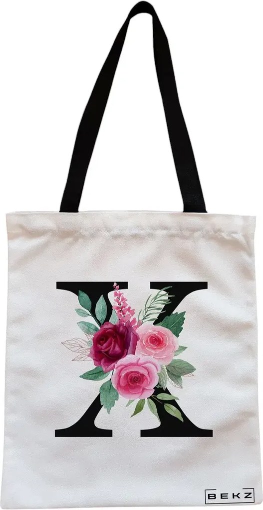 Sacosa de Panza pentru Cumparaturi, Geanta Tote, Cu litera X si Trandafiri, Cu fermoar, 38x34.5 cm, Alba, BEKZ®