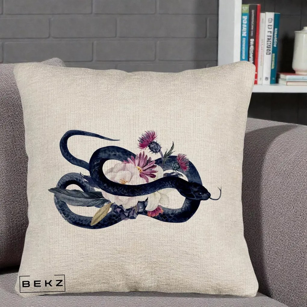 Perna Decorativa Sarpe Negru cu Flori Gothic, 40x40 cm, Bej Canapea, Husa Detasabila, Perna Inclusa, BEKZ®
