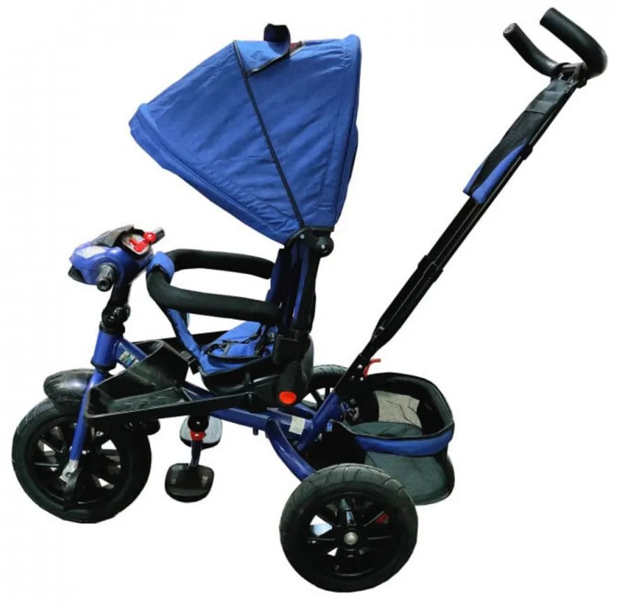 Tricicleta cu copertina NOVOKIDS Super Trike, Cu melodii si lumini, Roti din cauciuc, Pozitie somn, Scaun reversibil cu rotatie 360 grade, Albastru