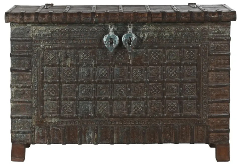 Cufar vintage, din lemn de tec, sculptat manual, Trunk