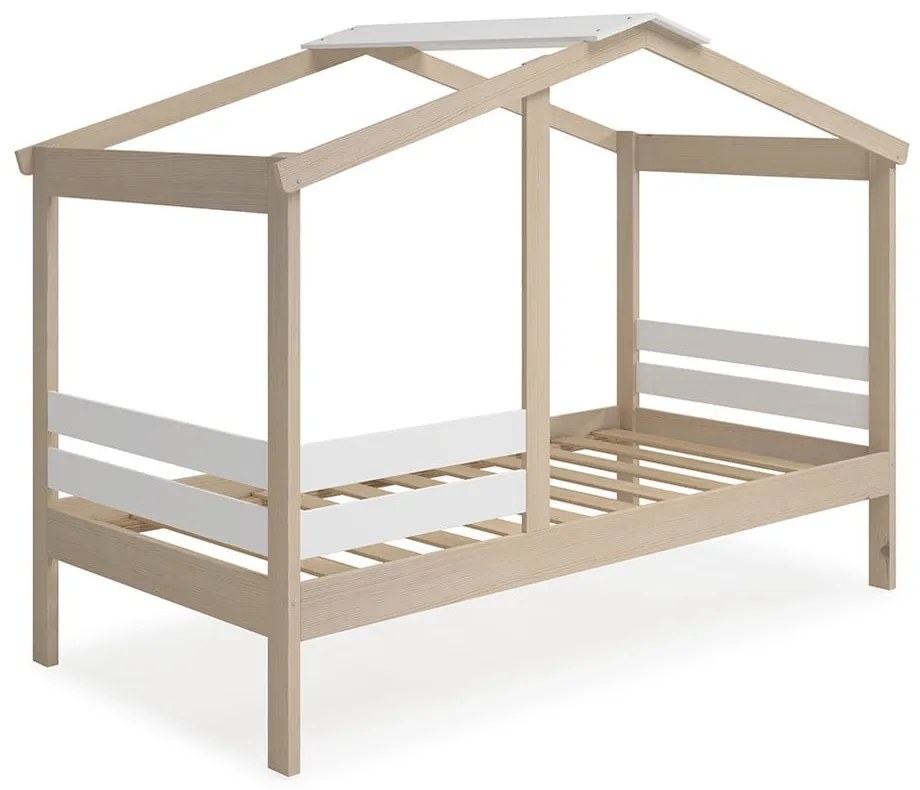 Pat pentru copii alb/natural de tip casă cu aspect de lemn de pin 90x190 cm Angel – Marckeric