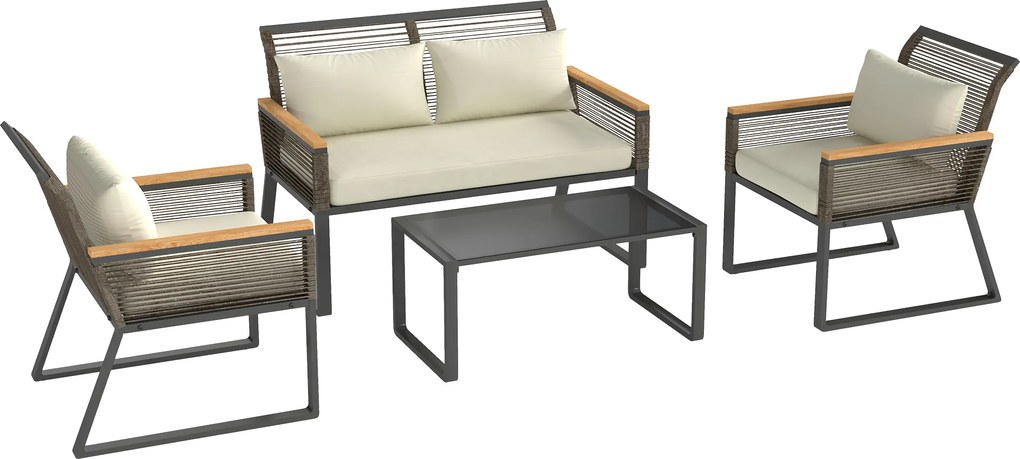Outsunny Set mobilier de grădină din polyrattan pentru 4 persoane, rezistent la intemperii, set balcon cu canapea 2 locuri, 2 scaune, masă cu sticlă, perne Bej | Aosom Romania
