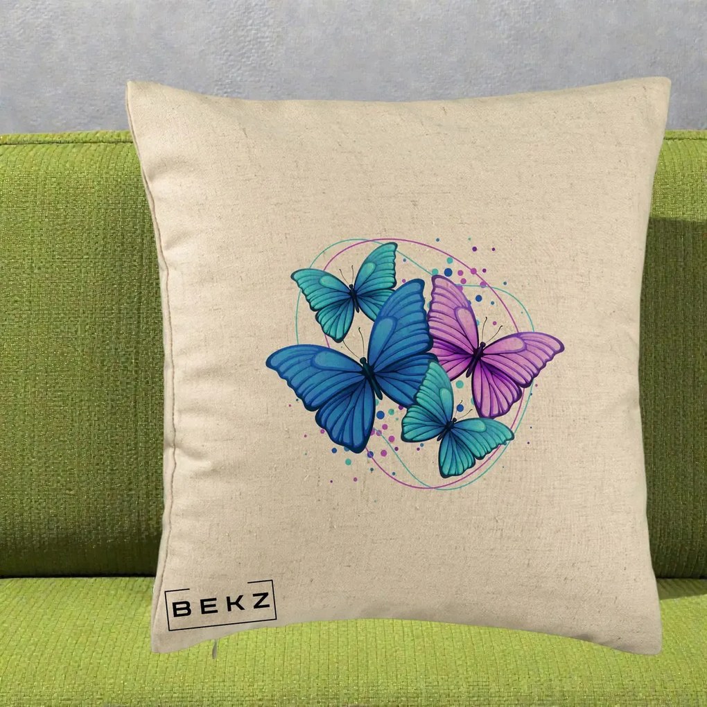 Perna Decorativa Patru Fluturi Turcoaz-Violet, 40x40 cm, Bej, Husa Detasabila, Perna Inclusa, BEKZ®