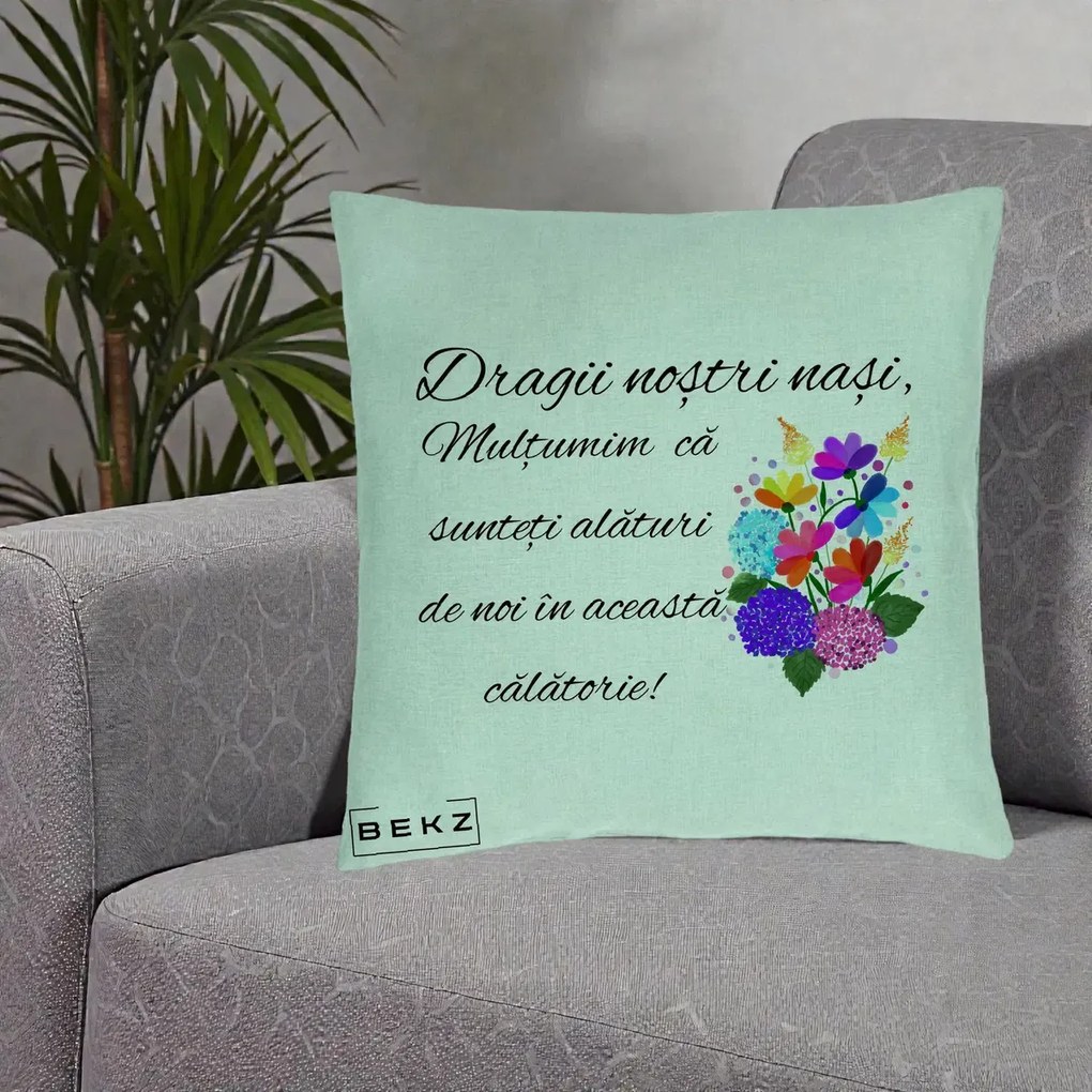 Perna personalizata nasi: Dragii nostri nasi, multumim, buchet colorat, 40x40 cm cu Umplutura, Verde Menta, BEKZ