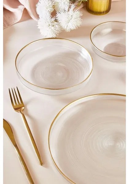 Set de masă, 18 piese, din sticlă transparentă cu detalii aurii