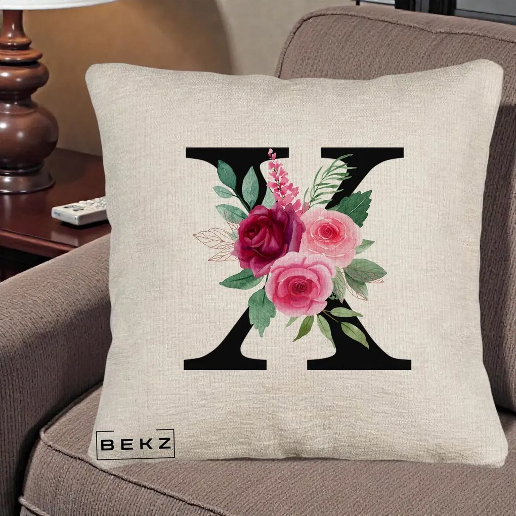 Cadou Personalizat - Perna Personalizata Monograma Florala Litera X cu Buchet, 40x40 cm, Bej Canapea, Husa Detasabila, Perna Inclusa, BEKZ®