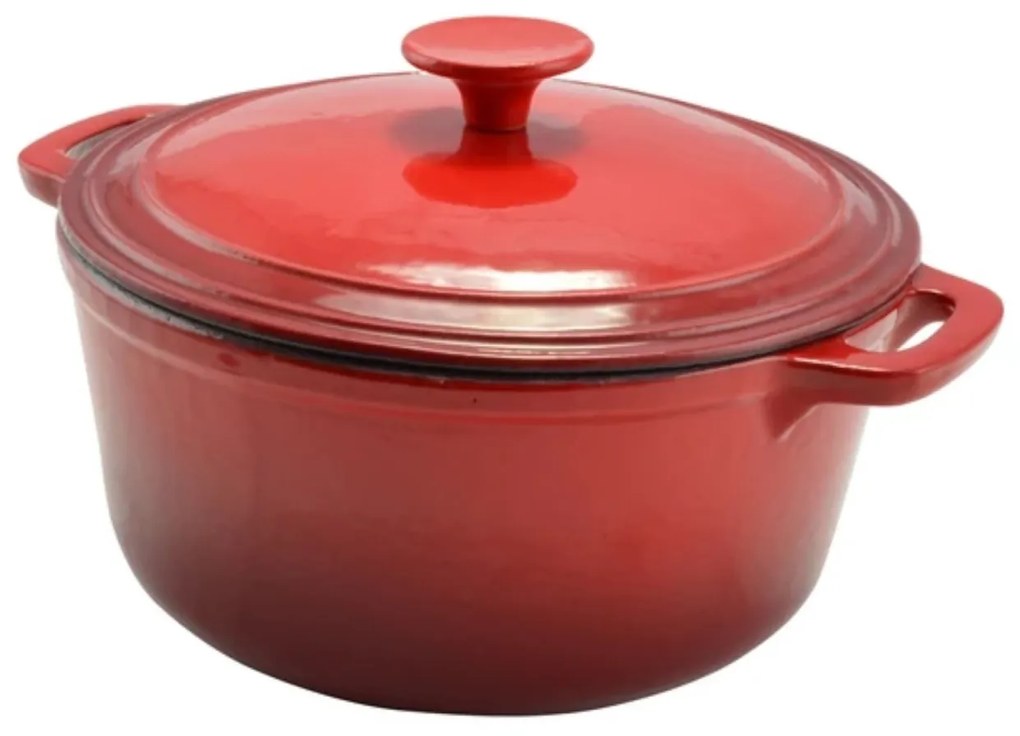 Oală din fontă emailată cu capac 24 cm, 4L – Perfect Home 12012, roșie, păstrează aromele, ideală pentru supe sau tocănițe