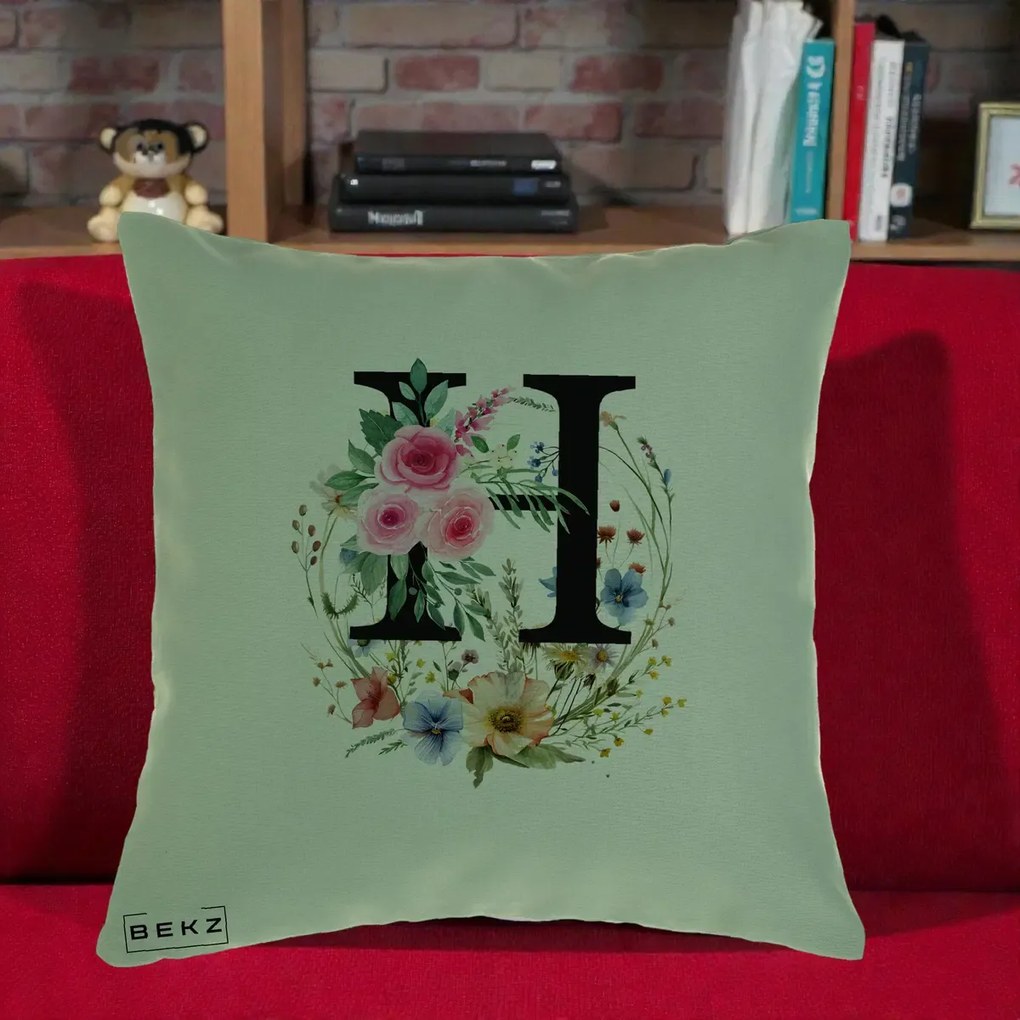 Cadou Personalizat - Perna Personalizata Monogram Litera H cu Flori Acuarela, 40x40 cm, Verde, Husa Detasabila, Perna Inclusa, BEKZ®