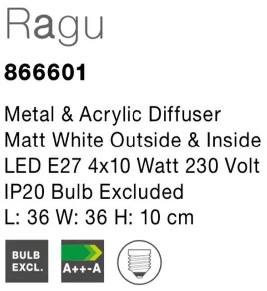 Plafoniera design modern 36x36cm Ragu alb NVL-866601