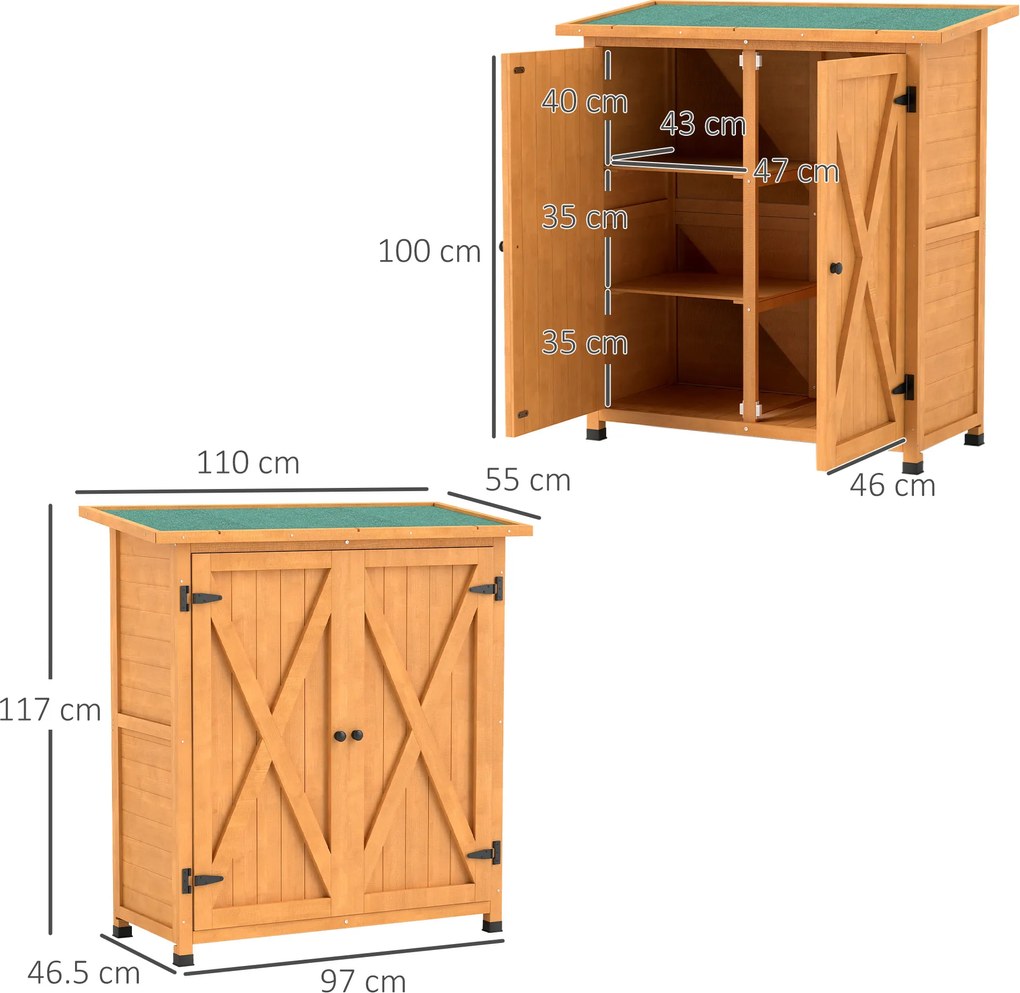 Outsunny Dulap de grădină, șură pentru unelte din lemn, dulap rezistent la intemperii cu 2 uși acoperiș din asfalt 110 x 55 x 117 cm, Galben | Aosom Romania
