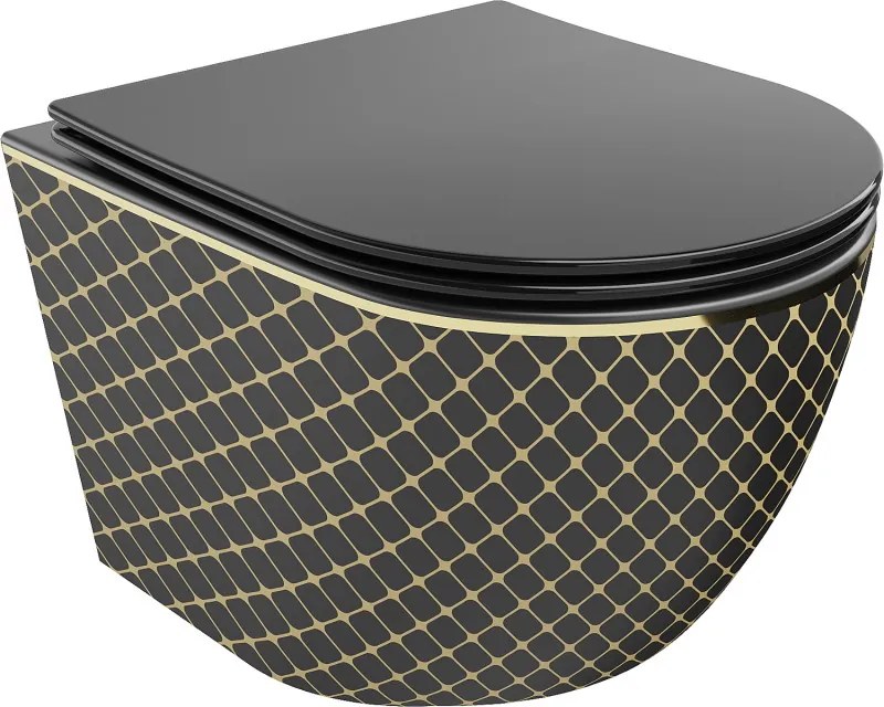 Mexen Lena vas de toaletă WC Rimless cu capac cu cădere lentă slim, duroplast, negru mat/model cu carouri aurii - 30224079