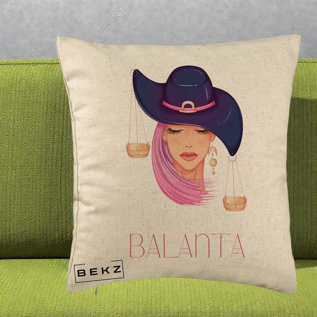Perna Personalizata Zodiac Balanta Cowgirl, 40x40 cm, Bej, Husa Detasabila, Perna Inclusa, BEKZ®