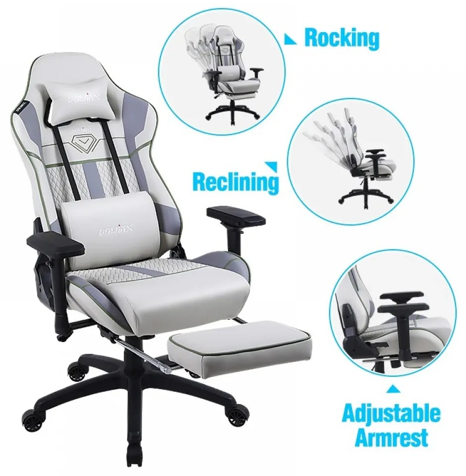 DOWINX Scaun gaming, ergonomic, pernă lombară cu masaj, suport pentru picioare, piele PU matlasata, respirabila, cotiere 4D, rezistent 150 kg, Gri