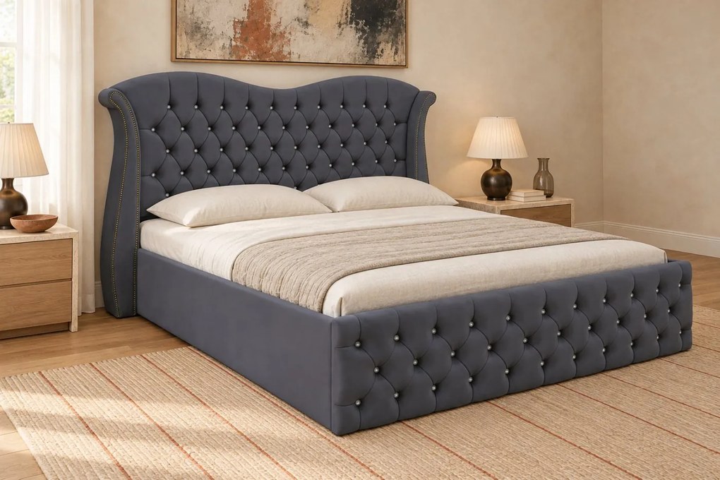 Pat tapițat Chesterfield Avella 160×200 cm, gri închis, cu ladă de depozitare