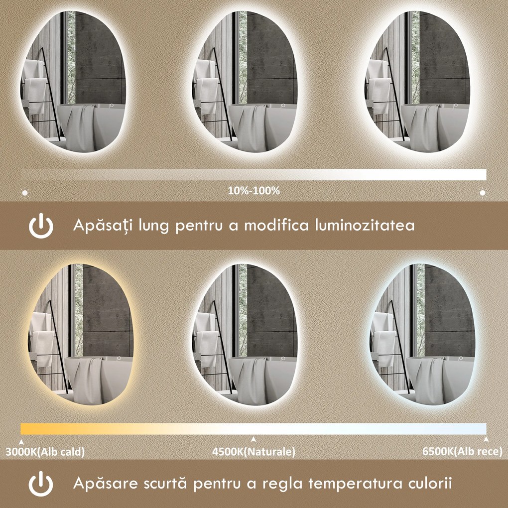 HOMCOM Oglindă de Baie LED cu Comutator Tactil Inteligent și  Intensitate Reglabilă, 80x5x60 cm, Argintiu | Aosom Romania