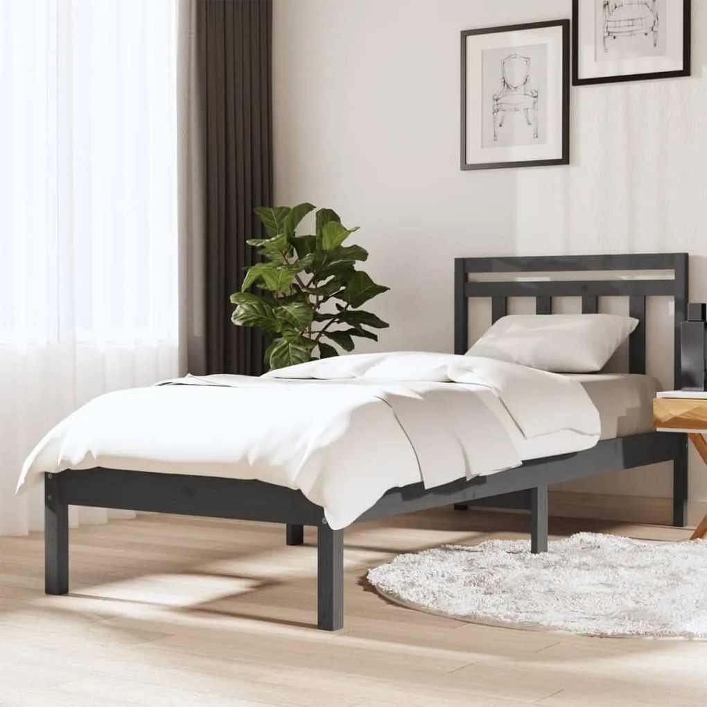 3100551 vidaXL Cadru de pat Small Single 2FT6, gri, 75x190 cm, lemn masiv