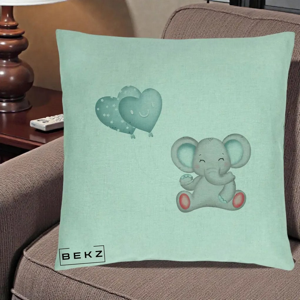 Perna Decorativa, Model Elefant si baloane in forma de inimioare, 40x40 cm, Verde Menta, Husa Detasabila, Perna Inclusa, BEKZ®